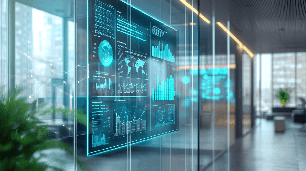 Modern corporate office with transparent glass wall displaying futuristic teal analytics dashboards, charts, graphs, and data visualizations