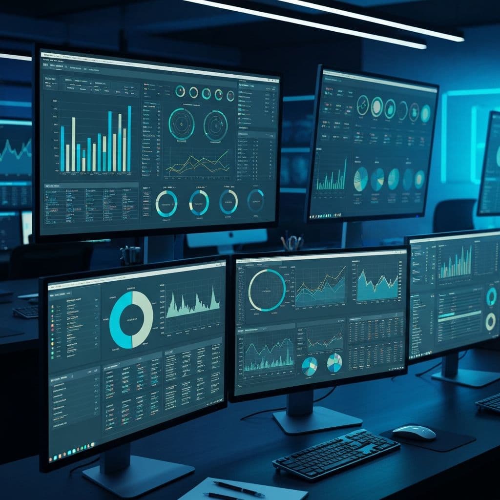 Data dashboards and analytics charts on screens