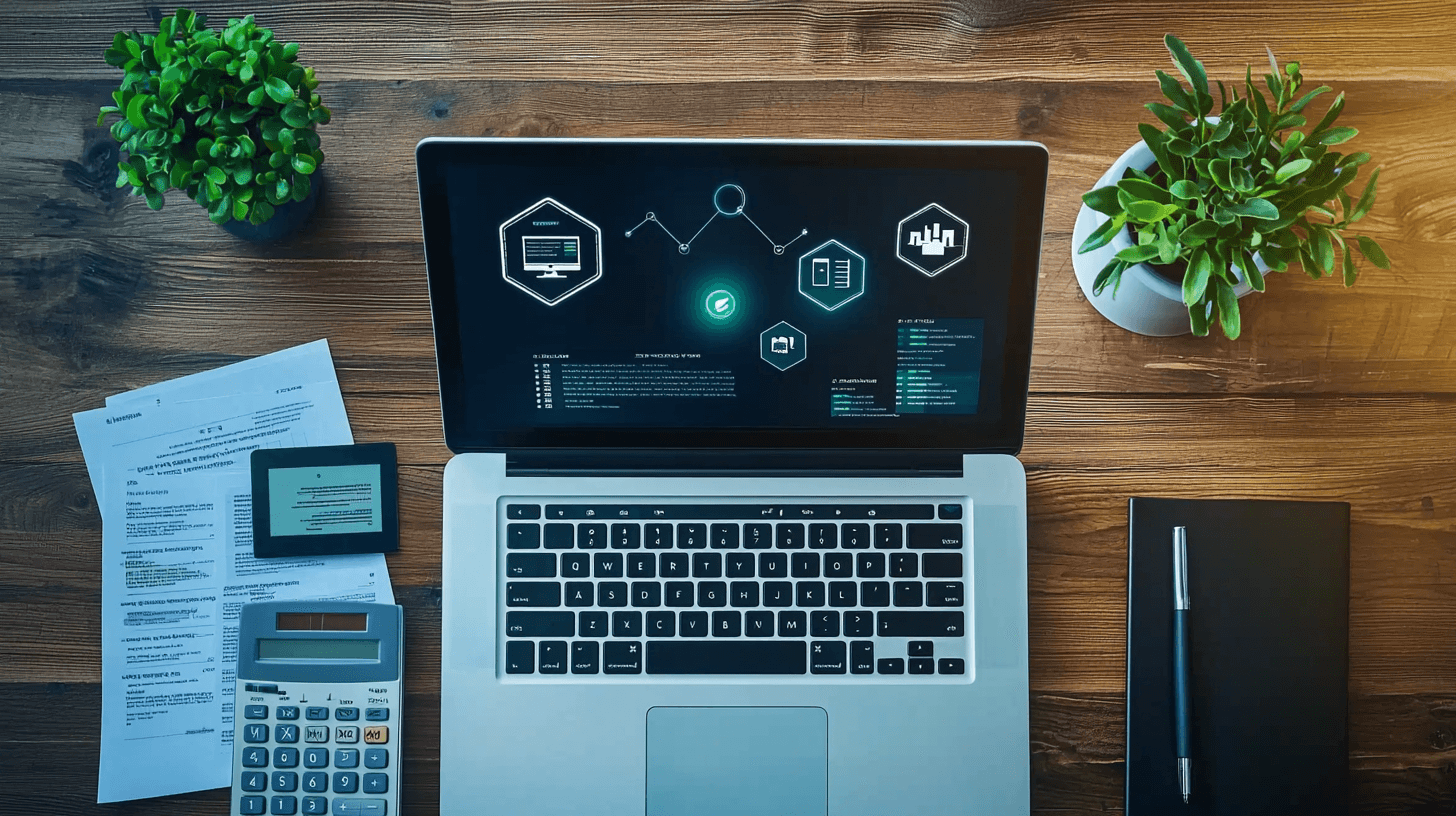 Overhead view of modern desk with laptop displaying benefits dashboard, documents, calculator, and office supplies