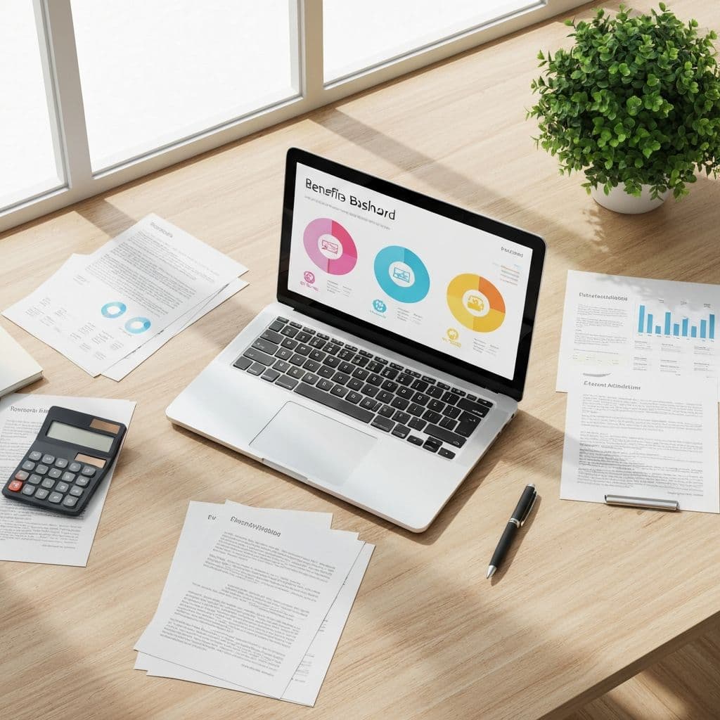 Overhead view of modern desk with laptop displaying benefits dashboard, documents, calculator, and office supplies